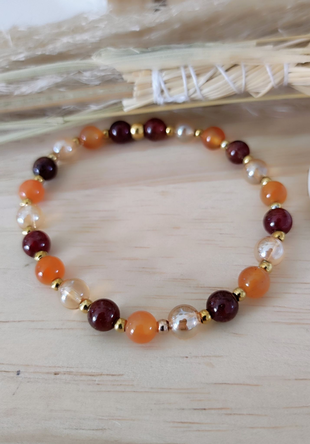 Bracelet "Désir et Confiance" Grenat, Cornaline et Quartz Aura 