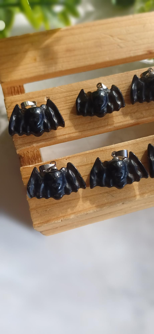 Obsidian Cute Bat Pendant with 925 silver plated chain