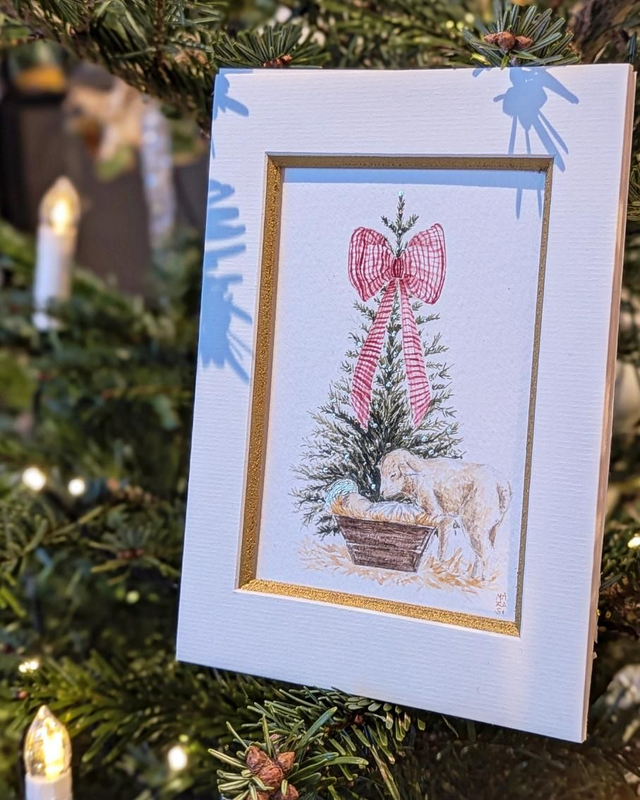Aquarelle Jésus et agneau sous le sapin 