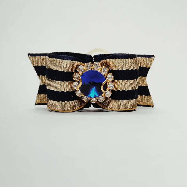 Noeud fantaisie pour chien-marin bleu marine et doré strass bleu