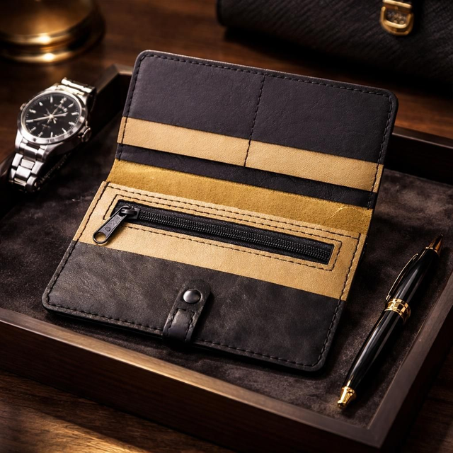 ✨️ PROMO ✨️ Portefeuille / Porte-chéquier en cuir - Noir et ocre