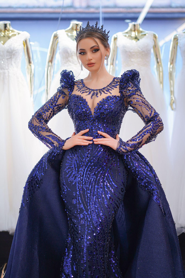 Robe de Mariée Sirène Bleu Col V à Paillettes / Réf : RMS06