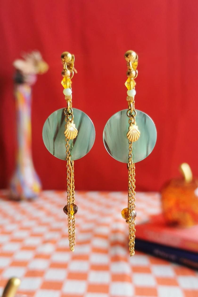 Boucles d'oreilles Rondes Vertes & Dorés