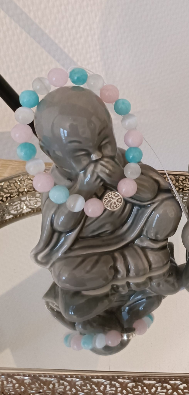 Bracelet Quartz rose &amp; oeil de chat &amp; Amazonite