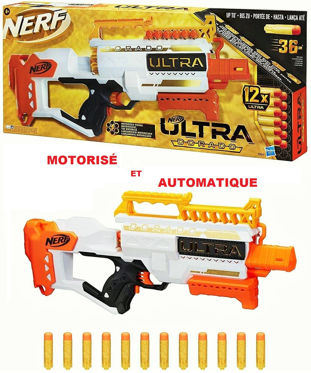 HASBRO BLASTER MOTORISÉ et AUTOMATIQUE NERF ULTRA DORADO À RECHARGE RAPIDE PAR L&#039;ARRIÈRE