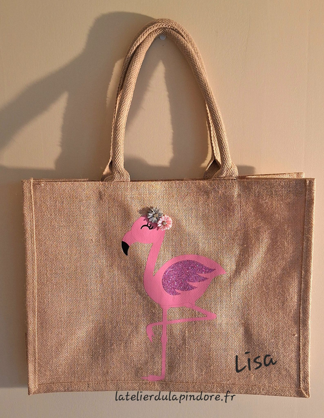 Sac en jute Flamant rose personnalisable