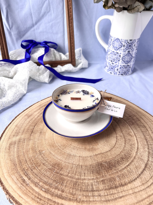 💙 Bougie Fleur de Lin - tasse à thé &quot;liseré bleu et or&quot; en porcelaine avec sous tasse