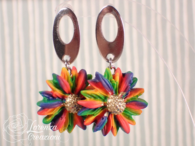 Orecchini pendenti floreali con fiore multicolore dai colori vivaci pendenti grandi