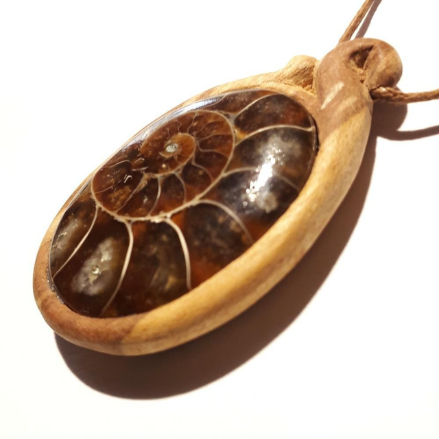 Ammonites Necklace With Hand Carved Palo Santo Wood 