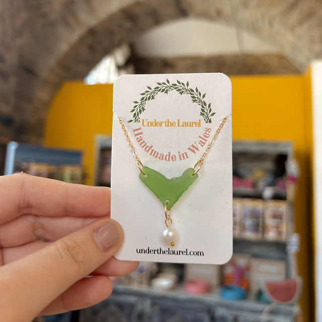 Green Sea Glass Necklace with Pearl and Gold Plated Chain