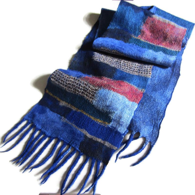 Sciarpa da uomo lana merino seta blu Sciarpa feltro calda infeltrimento fatto a mano Regalo unico per lui