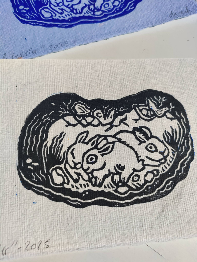 linogravure " le terrier des lapins "  10X15 cm blanc