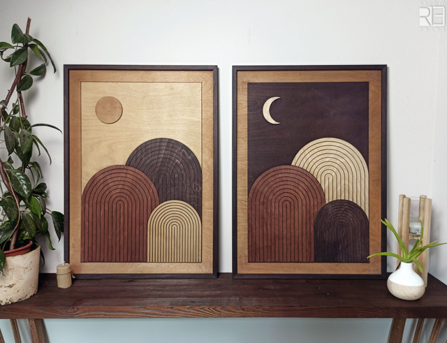 „Horyzont dualności” – drewniany dyptyk w stylu boho i mid-century