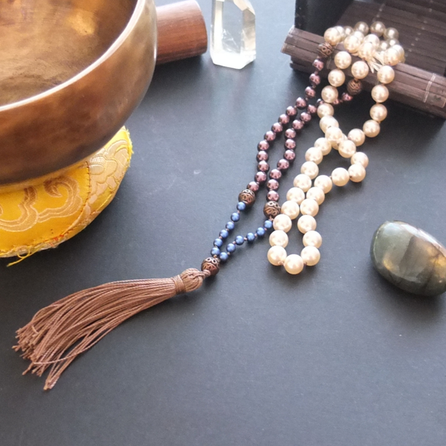 Mala Beads - Swarovski Pearl - Cream, Burgundy and Blue