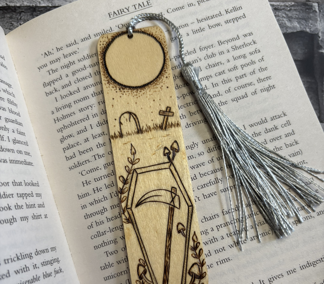 Coffin design bookmark. Handburnt. Pyrography art. 