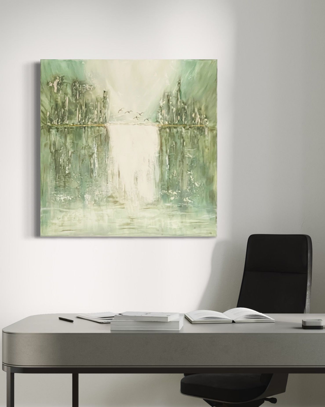 Lueur de l'Aube - Art abstrait figuratif contemporain - paysage abstrait - vert - grand format