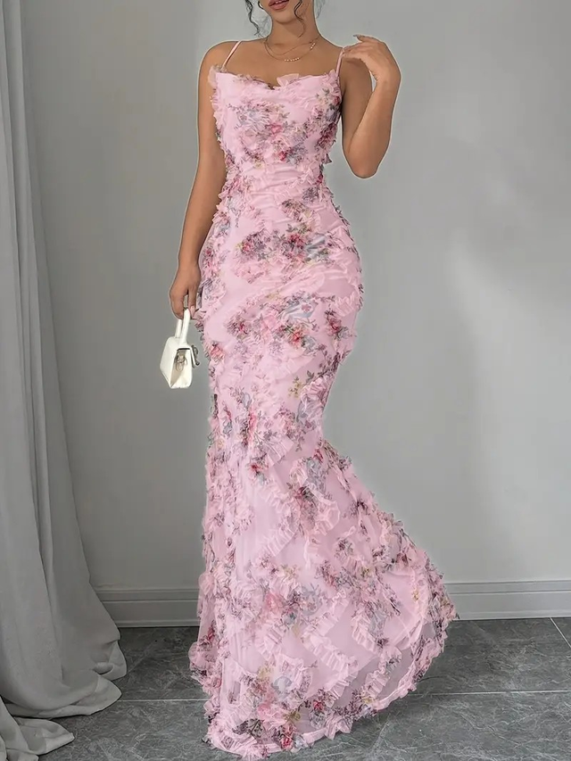 Gown, Pink Floral Off-Shoulder Long Gown