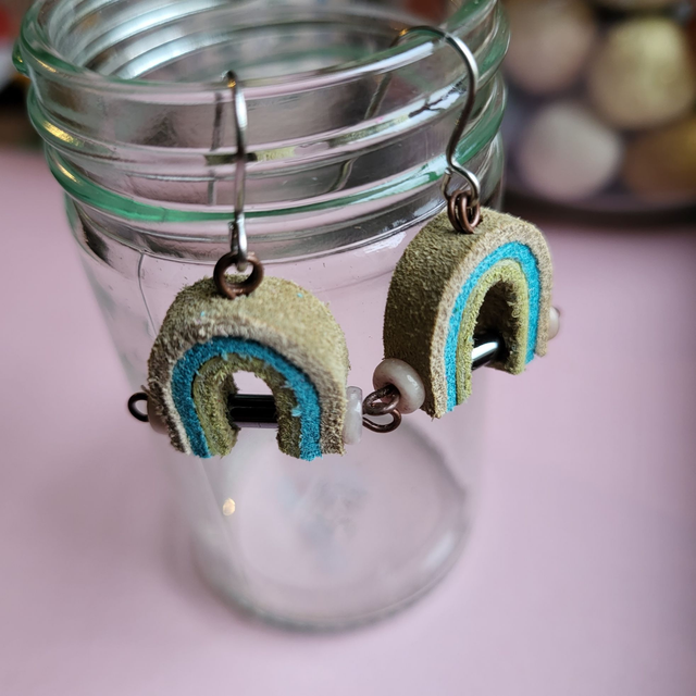 Leather Rainbow Drop Earrings - Camel/Turquoise/Moss