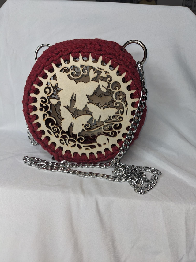 Wood base round crochet bag( wine red)