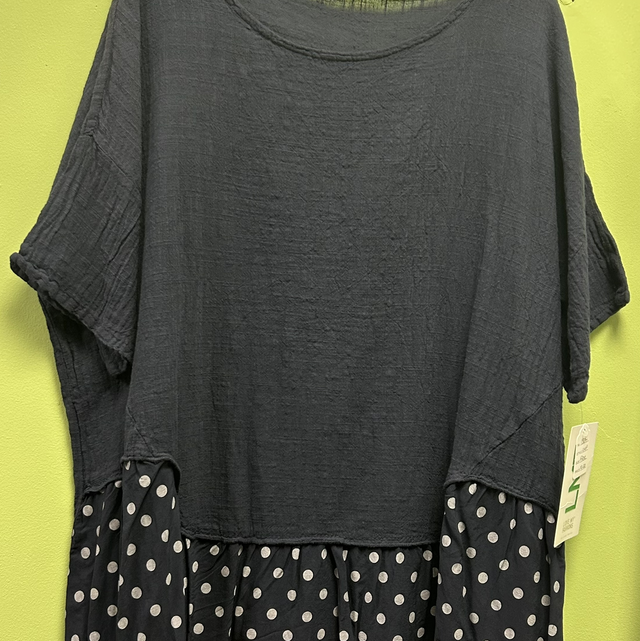 LMF - Blue Linen Top with Spotted Hem - Free Size - 1804