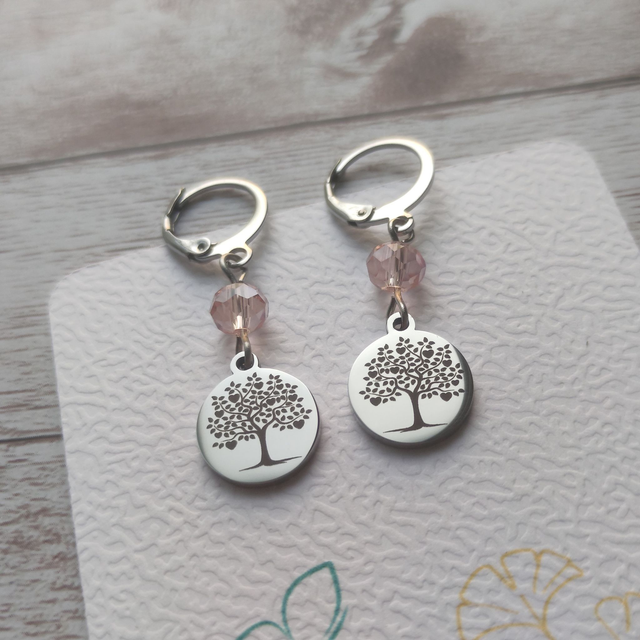 Boucles d&#039;oreilles &quot;Lisa&quot; Arbre de vie gravés rose