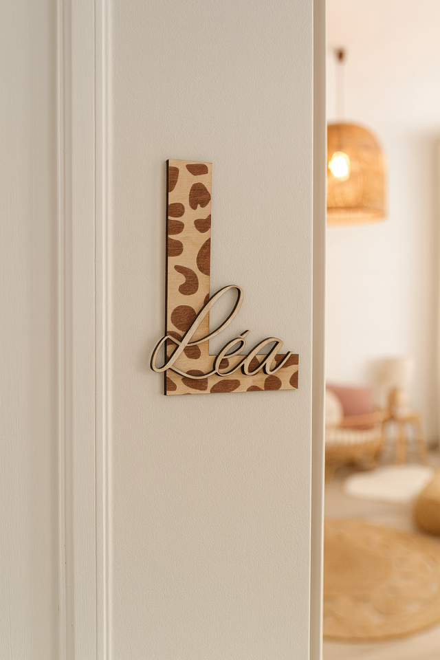 ✨ Pancarte prénom en bois – Initiale & prénom motif léopard