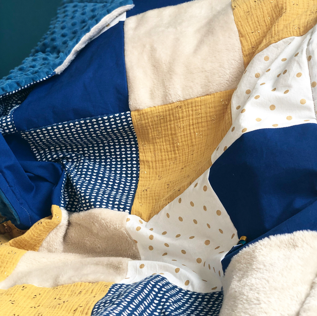Couverture patchwork bébé bleu/jaune