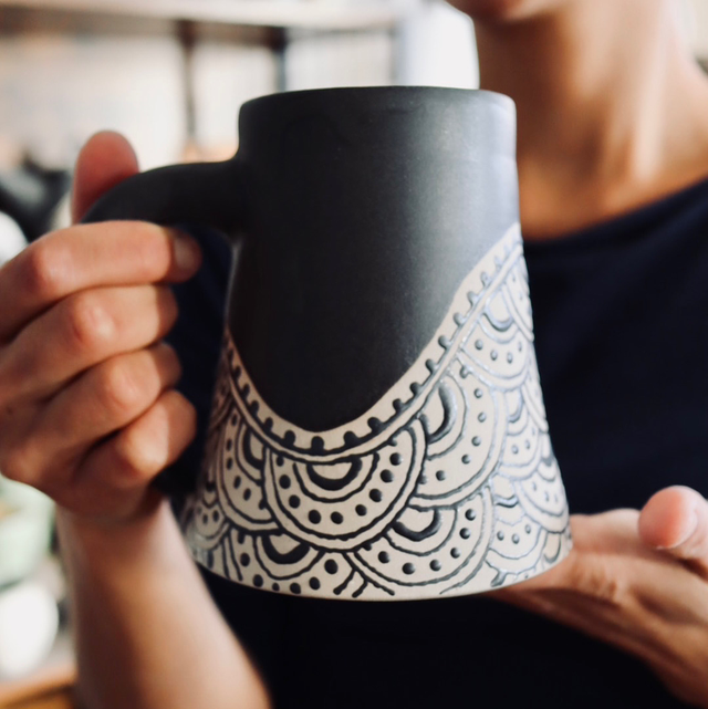 XL half liter Matt Black Large Mug with Henna Patterns, handmade stoneware, Art Piece