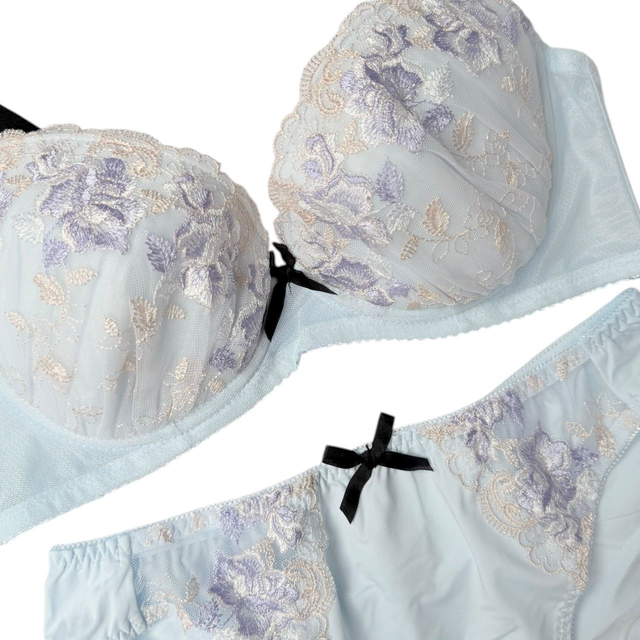 Light blue + purple floral Japanese Bra + Underwear Set UK 34DD, 34D   