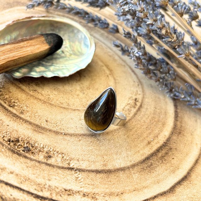 Bague goutte réglable oeil de tigre & inox couleur argenté