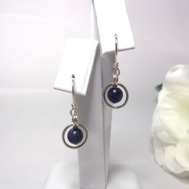 Sodalite gemstone dangle earrings with bead in a ring of recycled silver