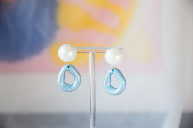 Modern Blue Abstract Pearl Drop Earrings - Minimalist Geometric Handmade Jewellery