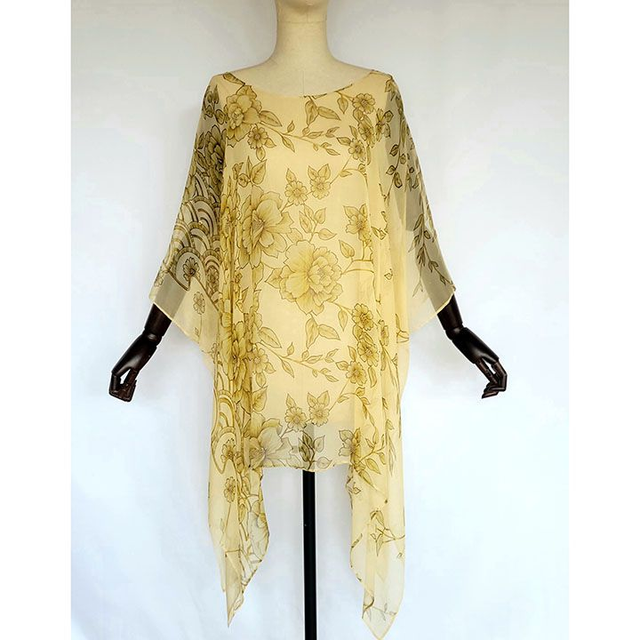 Tunique en Mousseline de Soie Imprimée - Motifs Floraux Marron - Pièce Unique 