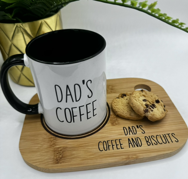 Dad&#039;s hot drink and wooden snack tray 