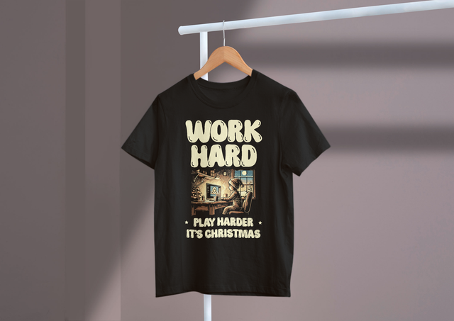 Work hard, play harder it’s Christmas, Holiday Motivation. Arbeite hart, spiele härter, es ist Weihnachten, Feiertagsmotivation
