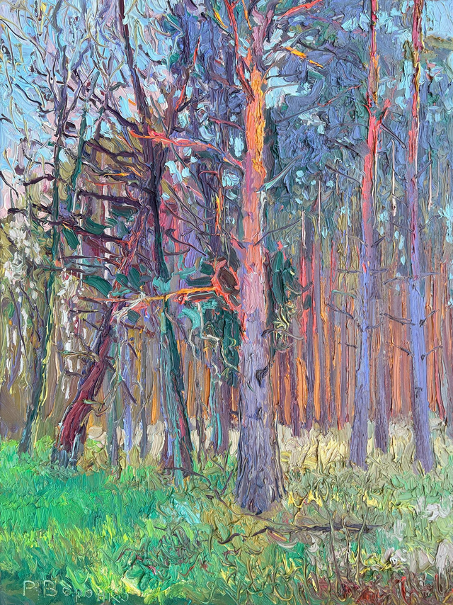 „Erwachen im Kiefernwald: Umarmung des Frühlings“ – Öl auf Leinwand, 80 × 60 cm, 2024 | Awakening in the Pine Forest: Embracing Spring’s Arrival
