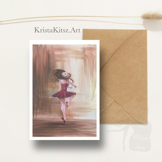 Ansichtkaart Ballerina Pirouette Rood, inclusief envelop, van origineel schilderij  | rechtopstaand 