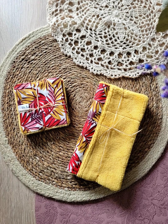 Gant soin + lingettes Feuillages rouge / moutarde 