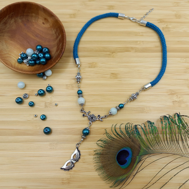 Parure bleu canard et argentée - Collier ras de cou - Carnaval