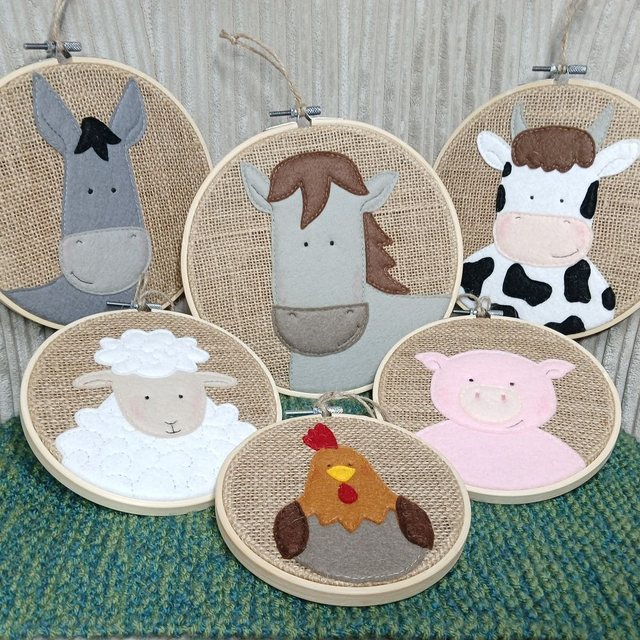 Farmyard Range, hoop art. Cow. Sheep. Horse. Donkey. Chicken. Pig. Made with wool felt, hand-sewn onto hessian Wall art.  