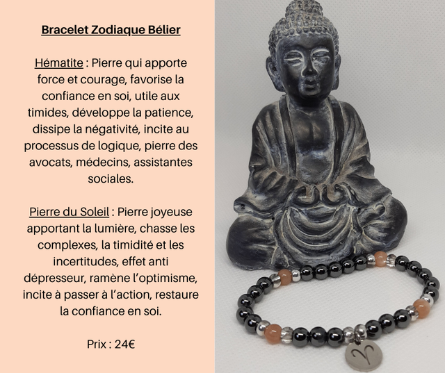 7- Bracelet Zodiaque Bélier- Hématite et Pierre de Soleil