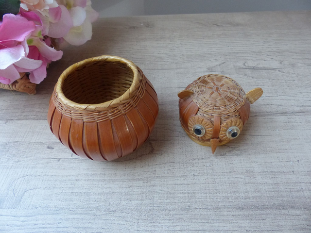 Petit Panier Boite Chouette Hibou en Bois et Osier fait Main Vintage 1970, Boite à bijoux, Boite à secrets, Décoration maison campagne boho