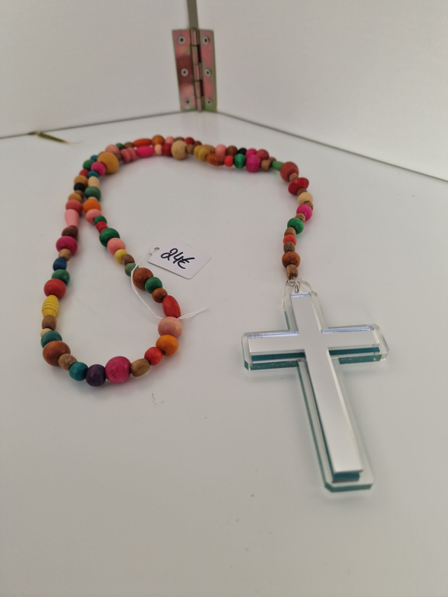 Collier Chapelet Bois Multicolore Croix Miroir