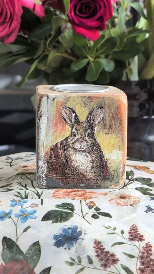 Rabbit wrapped in a checked blanket - Tealight Holder Reclaimed Wood