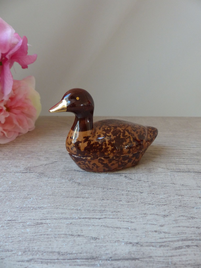 Petite Boite en Forme de Canard Marron et Doré Céramique Michel Caugant, Boite à Bijoux Canard, Vide Poche Canard, Décoration Canard Vintage