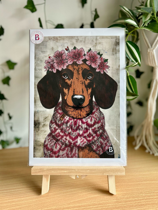 Dachshund Dog In Floral Mixed Media Art Print A4