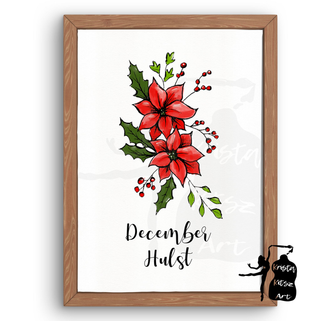 Geboortebloem December Hulst in kleur,  luxe kunstprint op fine art papier van originele tekening, met of zonder tekst 