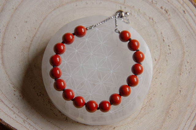 (M-L) Jaspe rouge / Bracelet coulissant inox et fil de soie