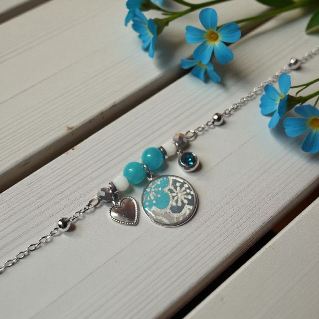 bracelet acier inoxydable motifs japonais turquoise blanc et argenté