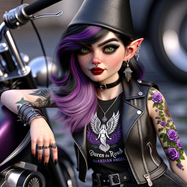 Purple haired teenage elfish girl resting on her motorcycle T-Shirt